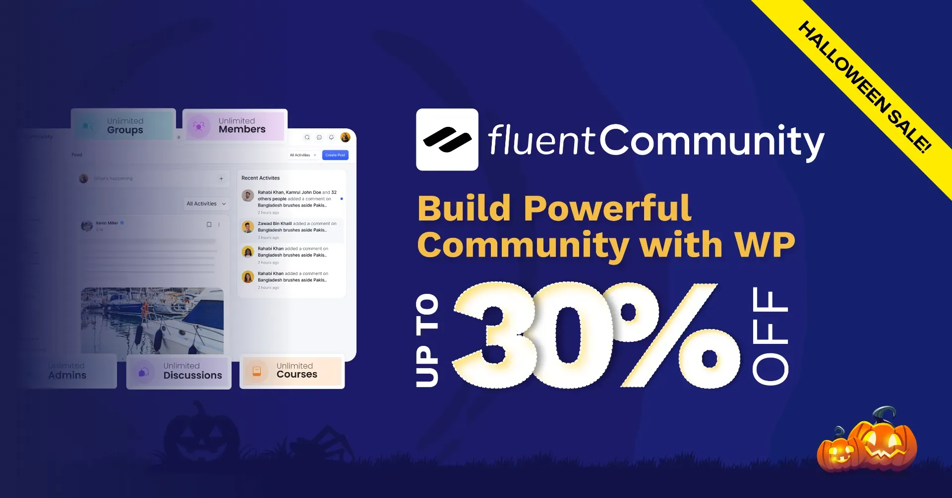 FluentCommunity WordPress community and course plugin Halloween deal banner, up to 30% off