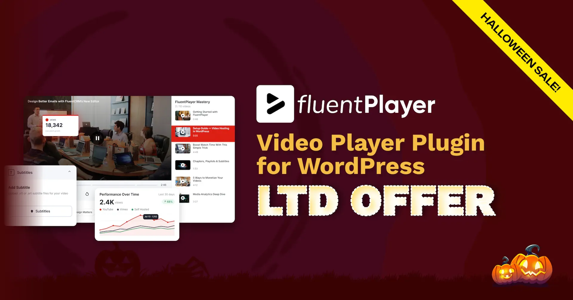 FluentPlayer WordPress video player plugin Halloween lifetime deal banner