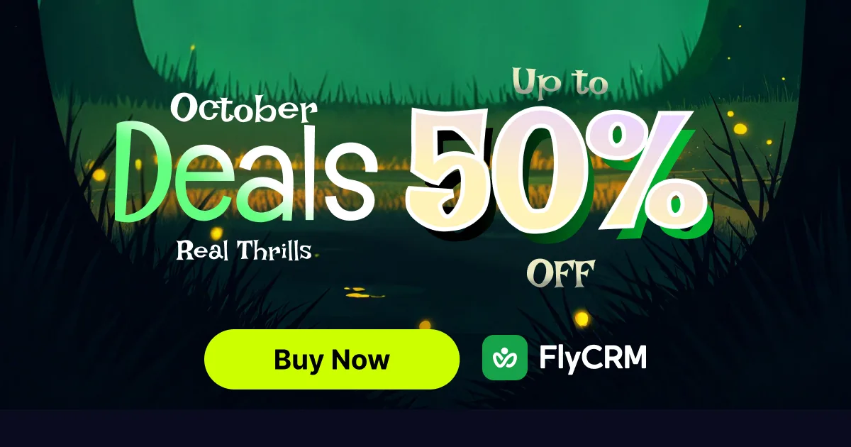 FlyCRM WordPress CRM plugin with no per-user fees Halloween deal banner, up to 50% off