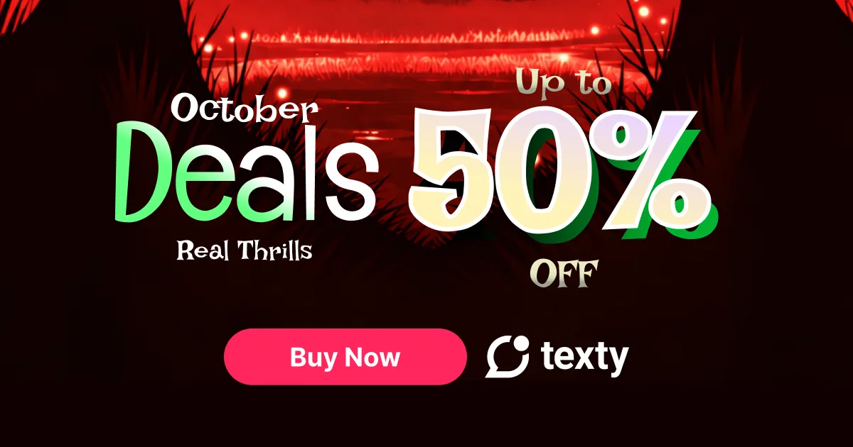 Texty SMS notifications and automations plugin for WooCommerce Halloween deal banner, up to 50% off