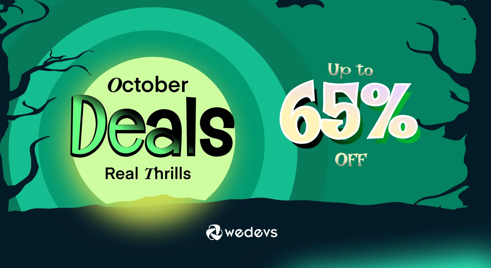 weDevs WordPress plugins Halloween sale 2026 banner, up to 65% off