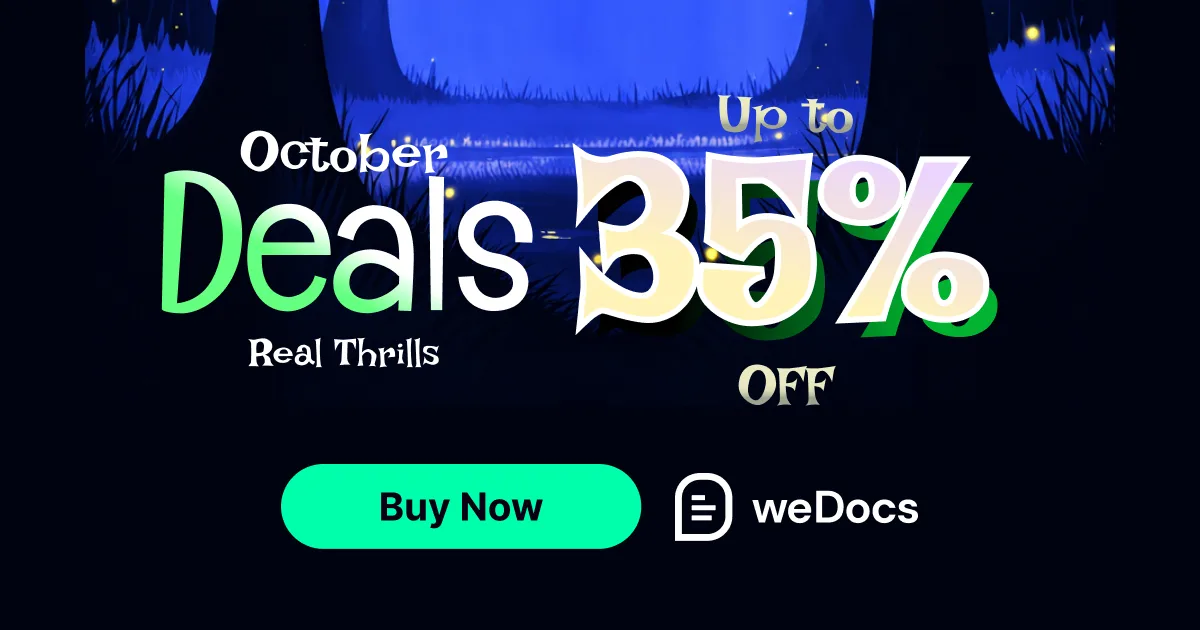 weDocs WordPress knowledge base plugin Halloween deal banner, up to 35% off