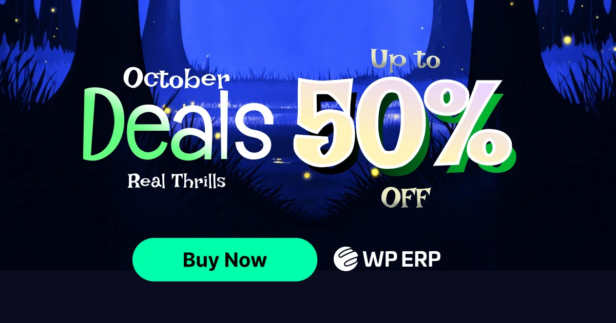 WP ERP HRM, CRM and accounting plugin for WordPress Halloween deal banner, up to 50% off