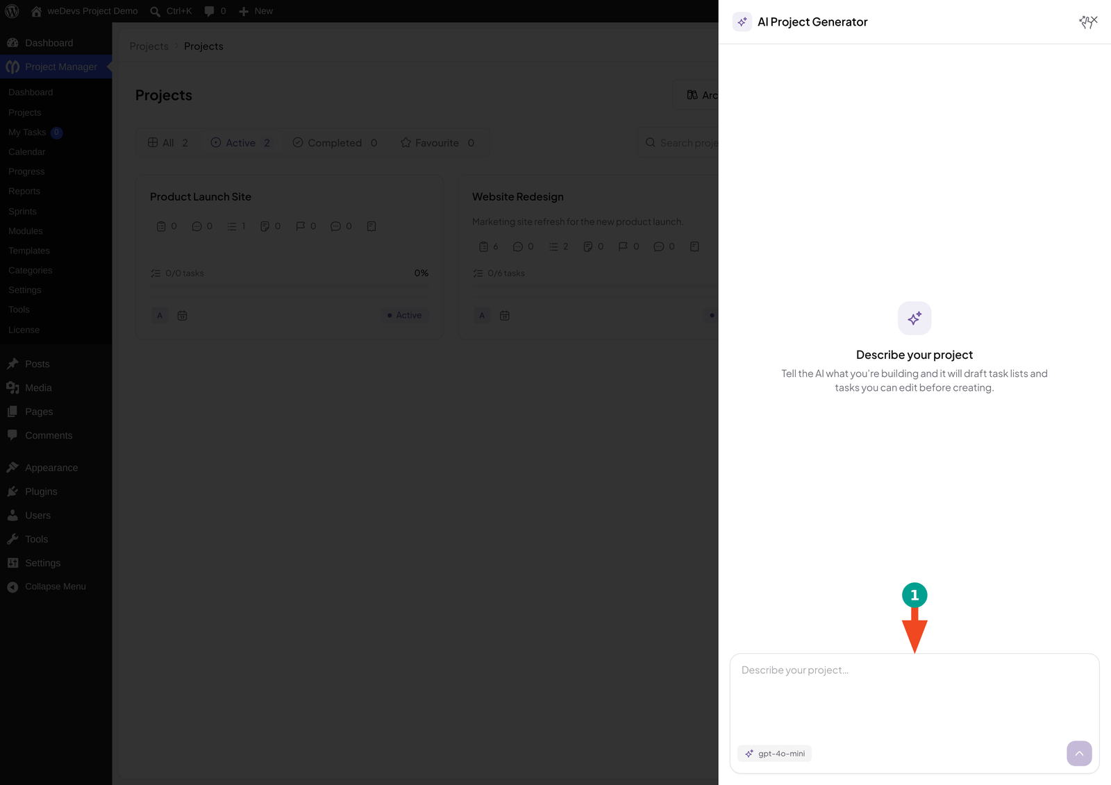 WP Project Manager AI Project Generator panel with the Describe your project field