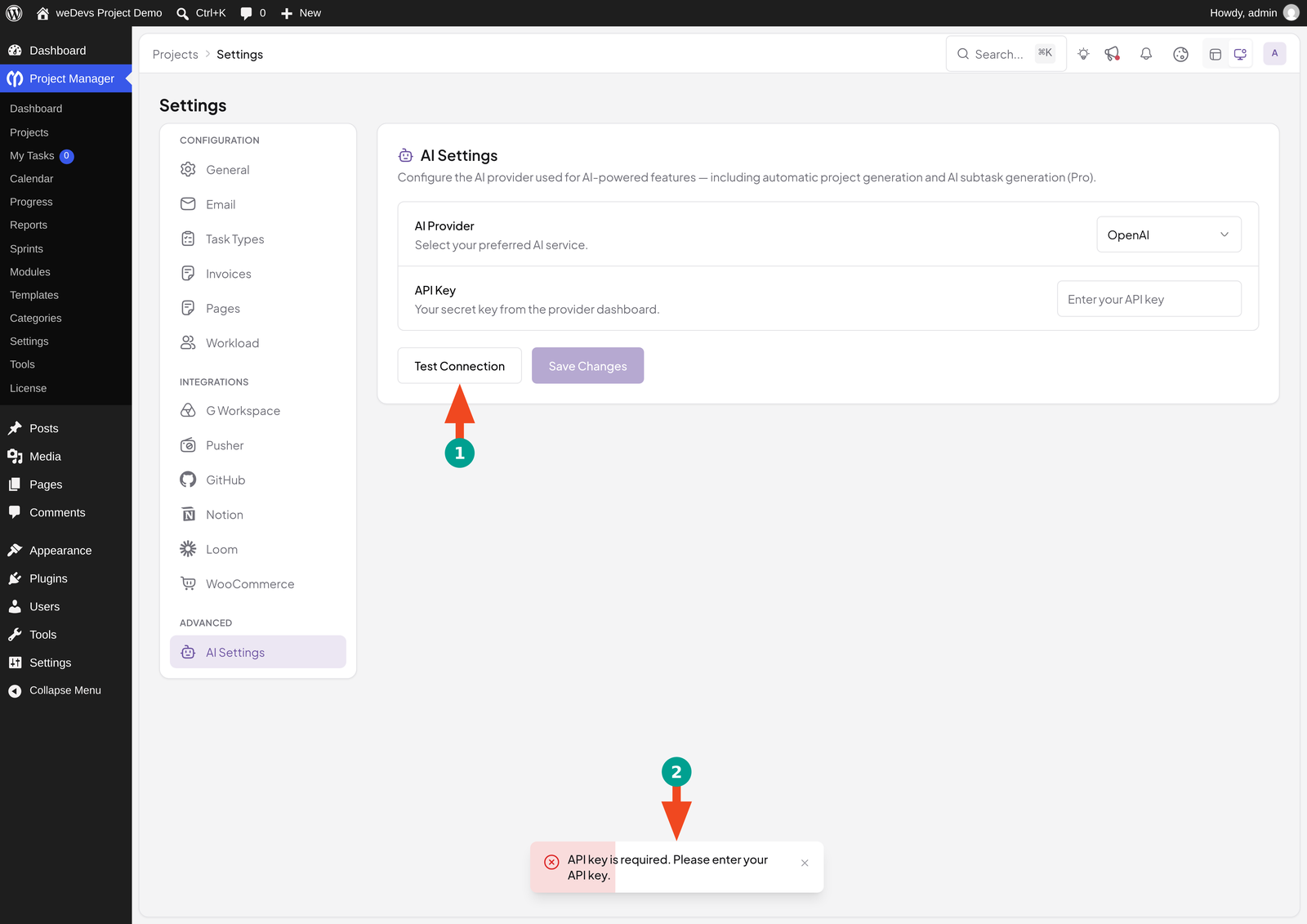 Test Connection button in WP Project Manager AI Settings, showing an error message when the API key is missing