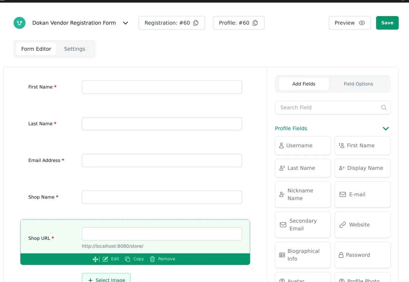 The WP User Frontend form builder showing the generated Dokan vendor registration fields
