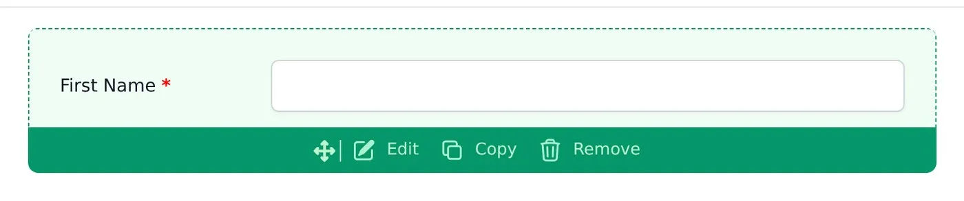 A form field in the WPUF builder showing the Edit, Copy and Remove action bar
