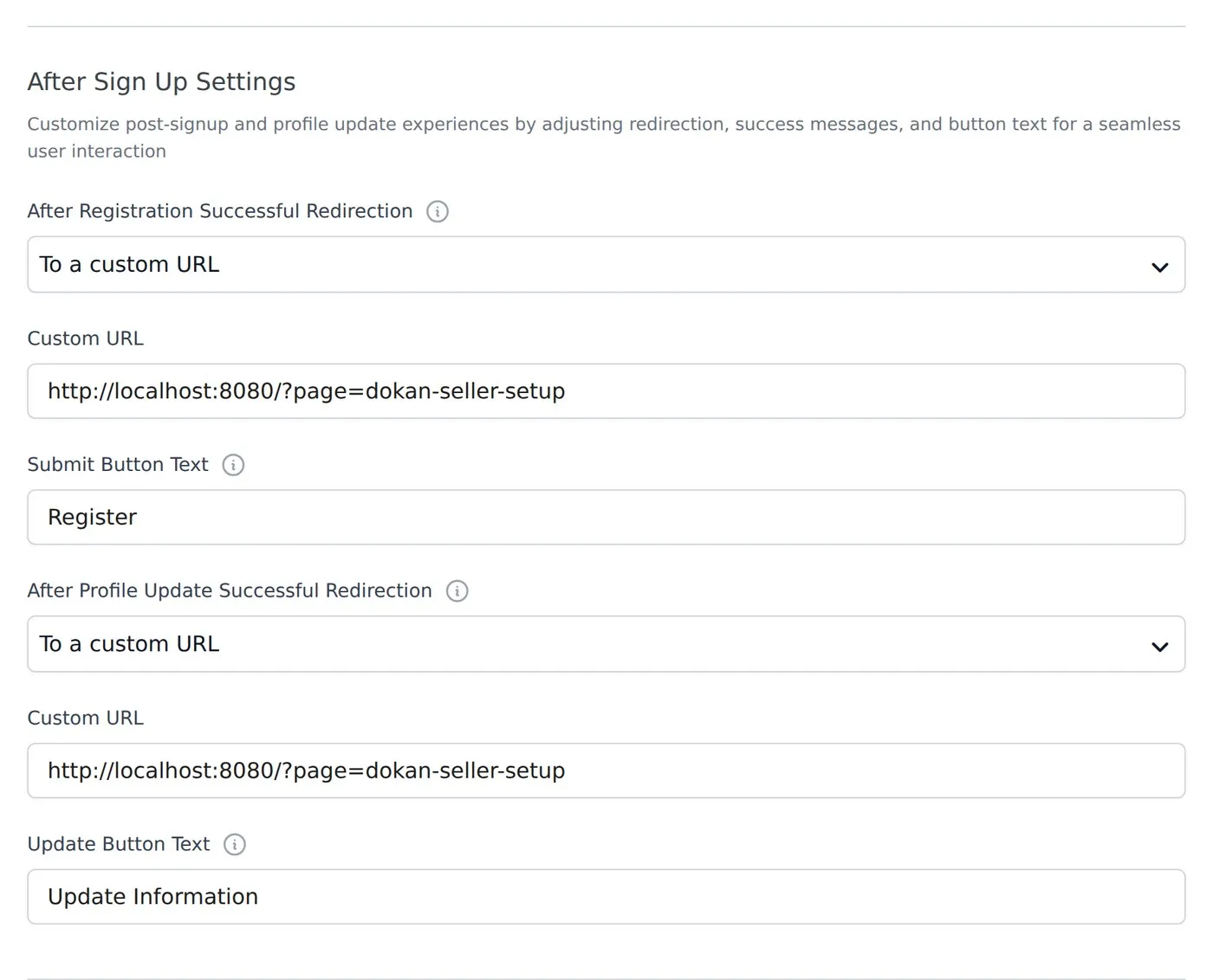 After Sign Up Settings showing the redirect URL and submit button text