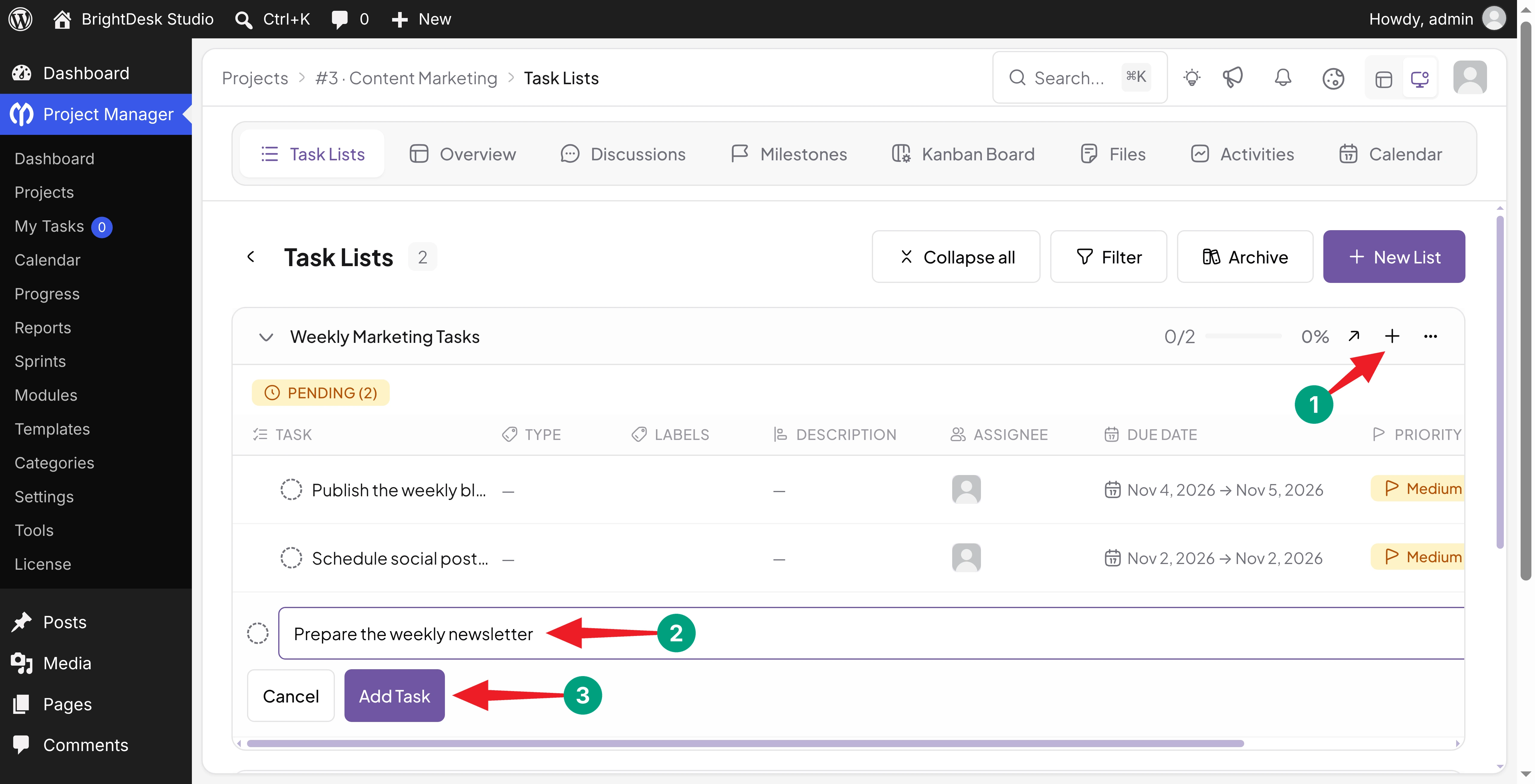 Adding the Prepare the weekly newsletter source task to a task list in WP Project Manager