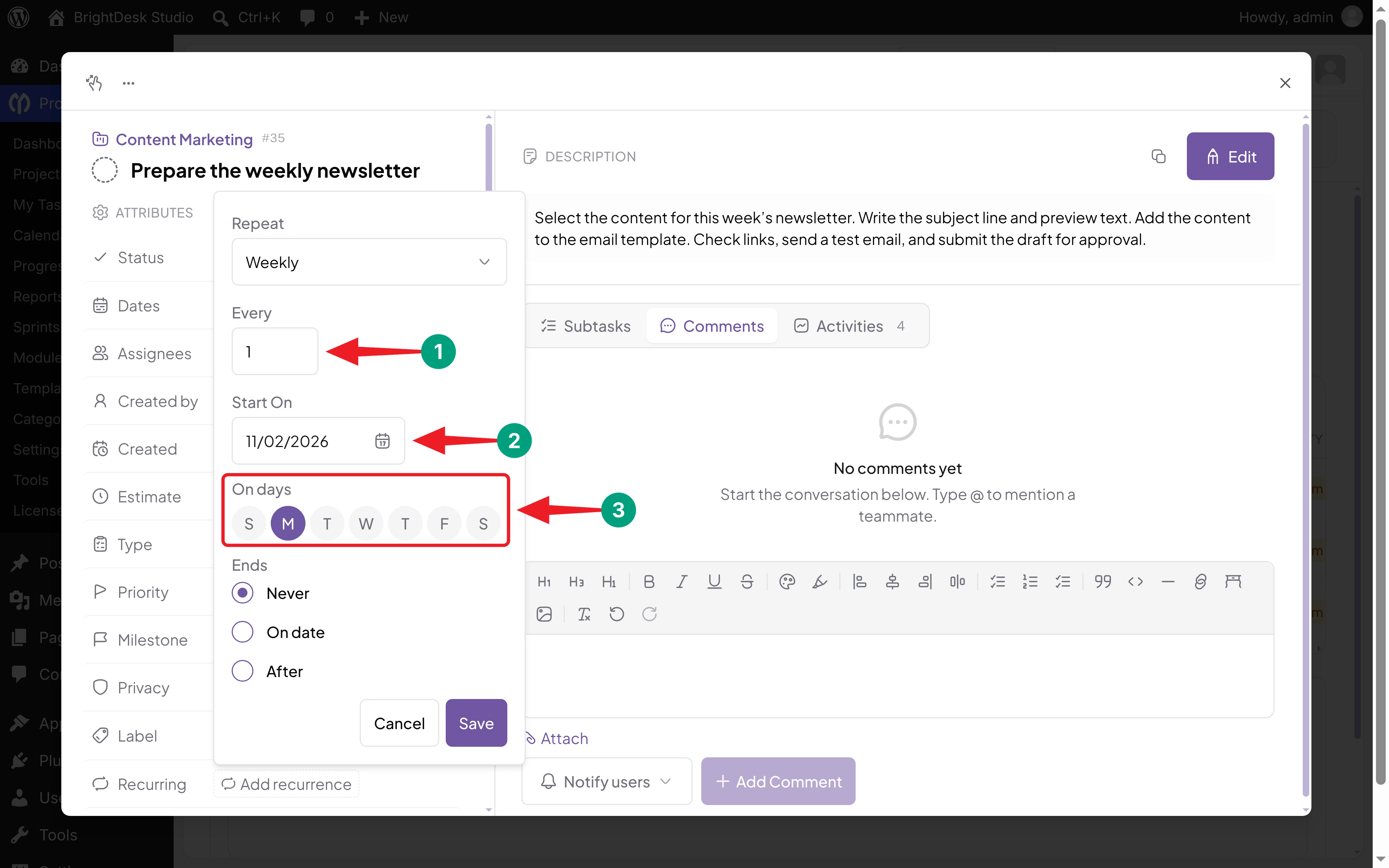 Weekly recurring task settings in WP Project Manager with Every set to 1, a Start On date, and Monday selected