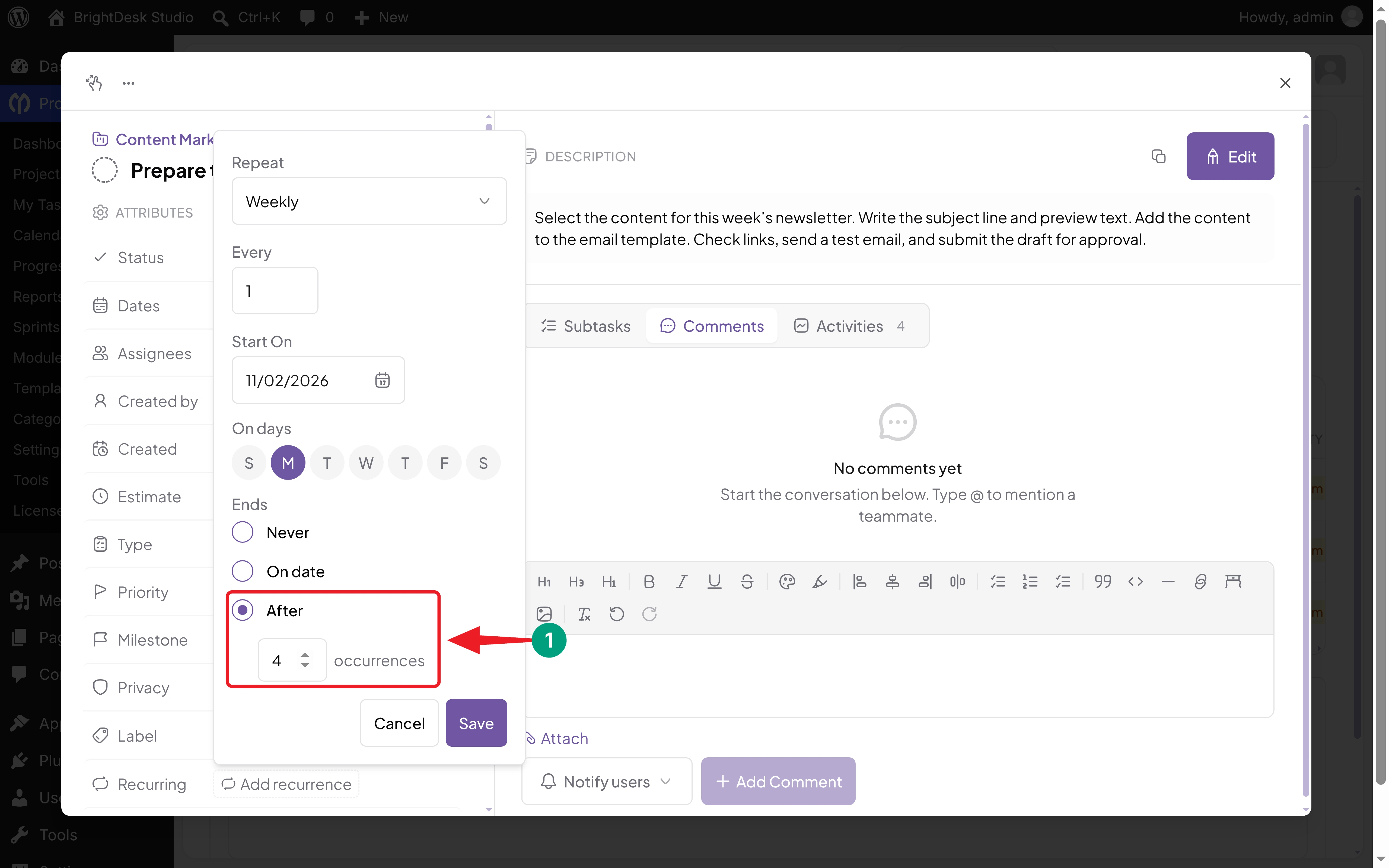 Recurring task end condition in WP Project Manager set to end after 4 occurrences
