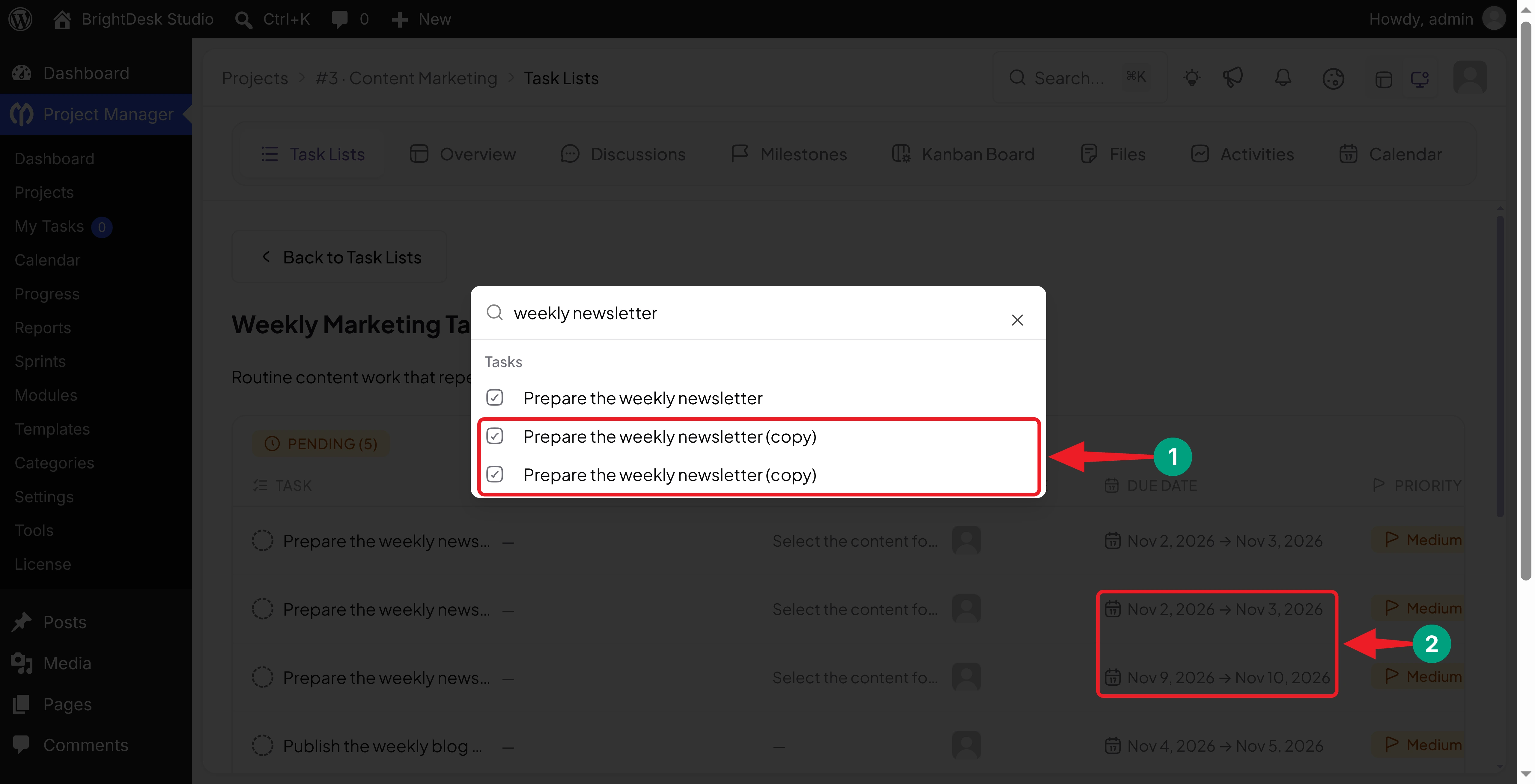 Searching WP Project Manager for the generated copies of the weekly newsletter recurring task