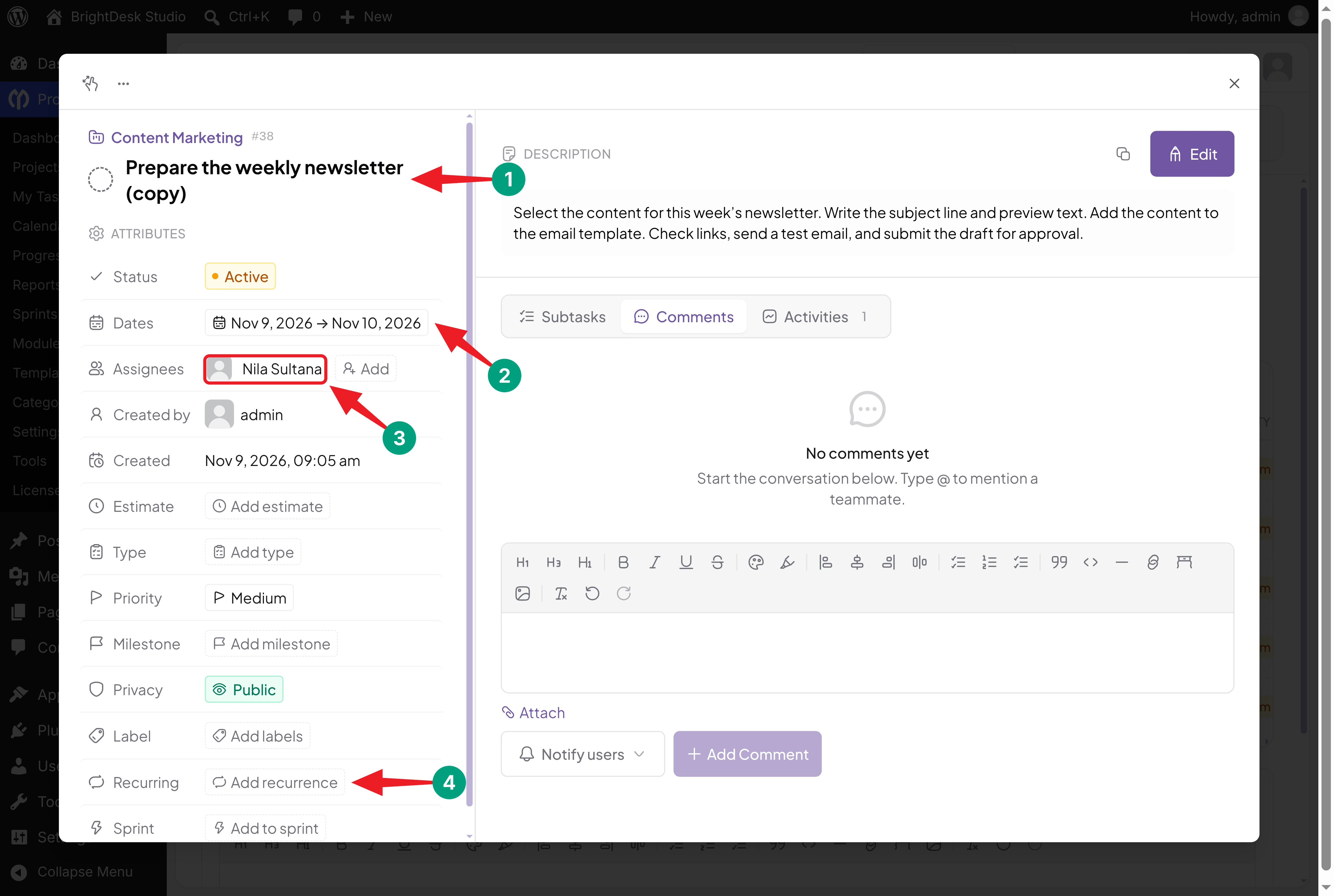 Generated recurring task copy in WP Project Manager with the (copy) title, next occurrence dates, and the same assignee