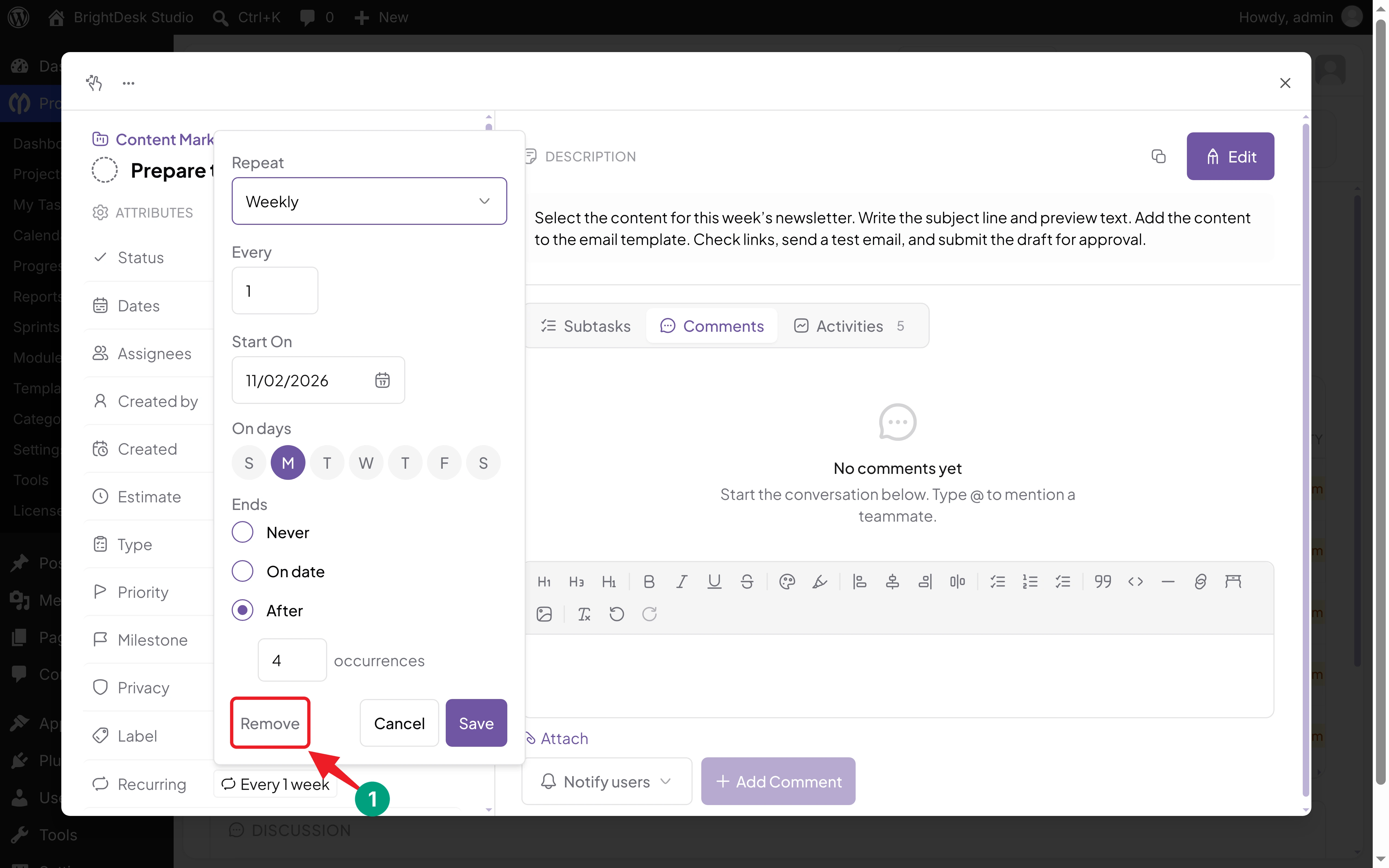 Remove button in the recurrence panel for stopping a recurring task in WP Project Manager