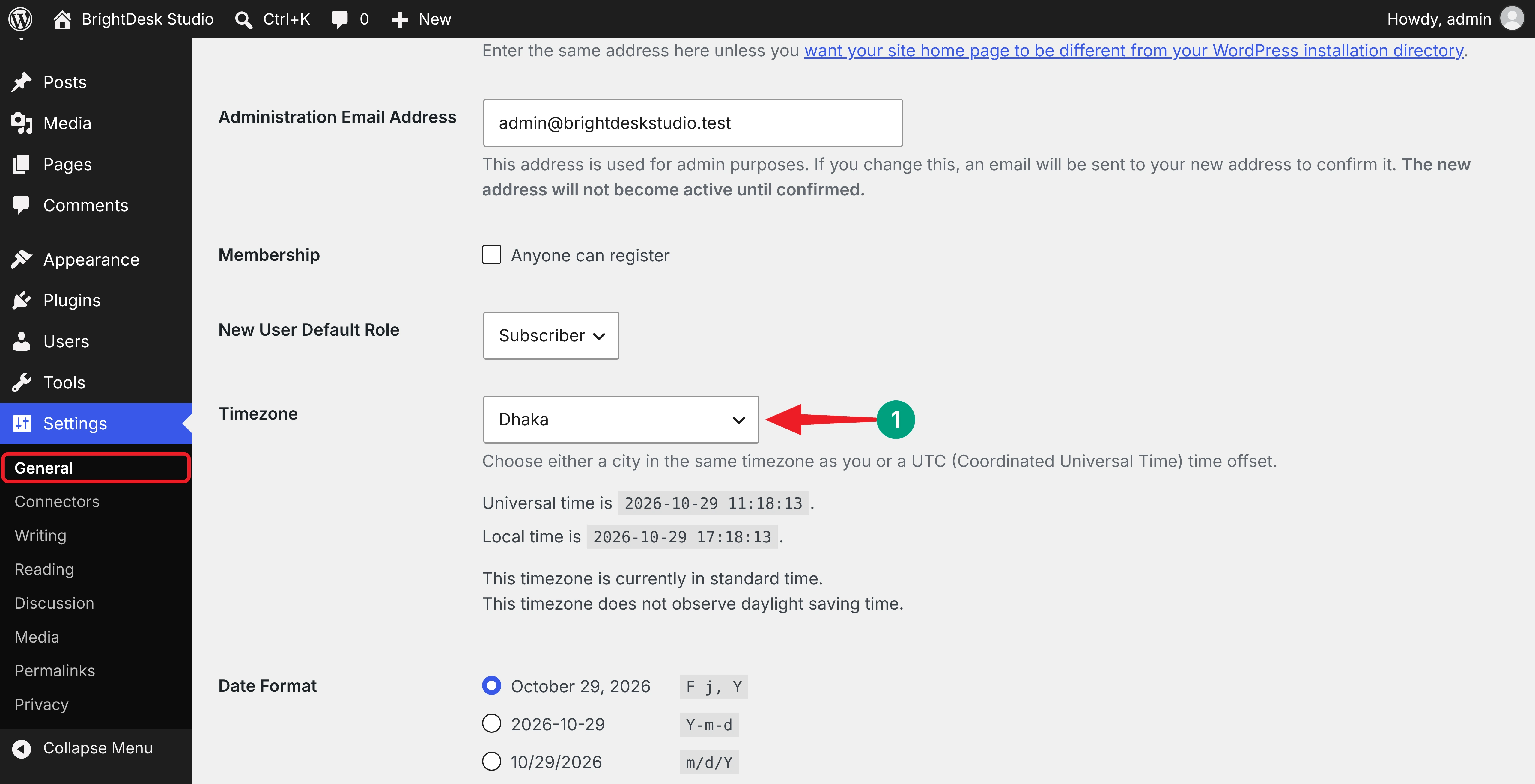 Timezone setting in WordPress General Settings
