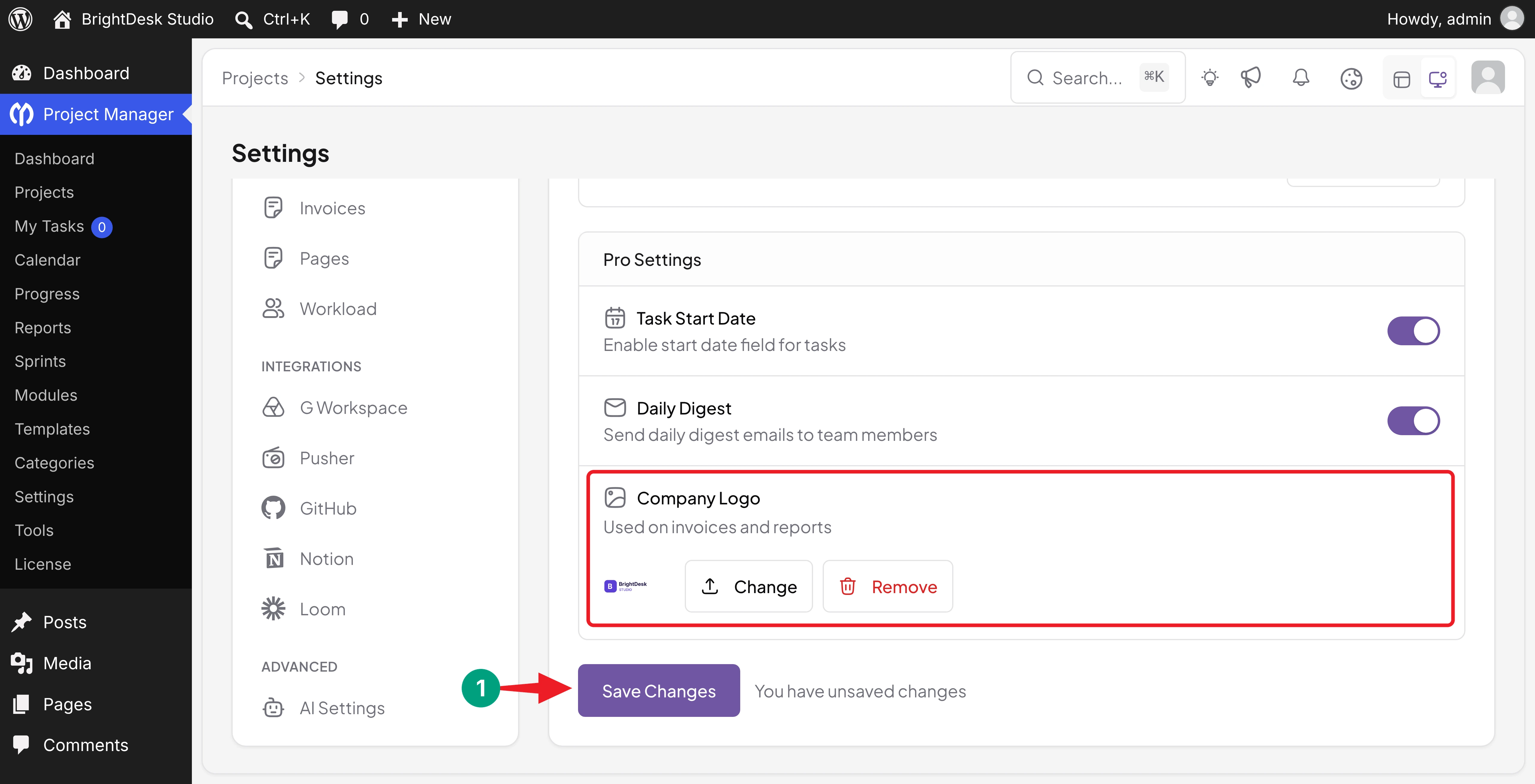 Company Logo option under Pro Settings with the Save Changes button