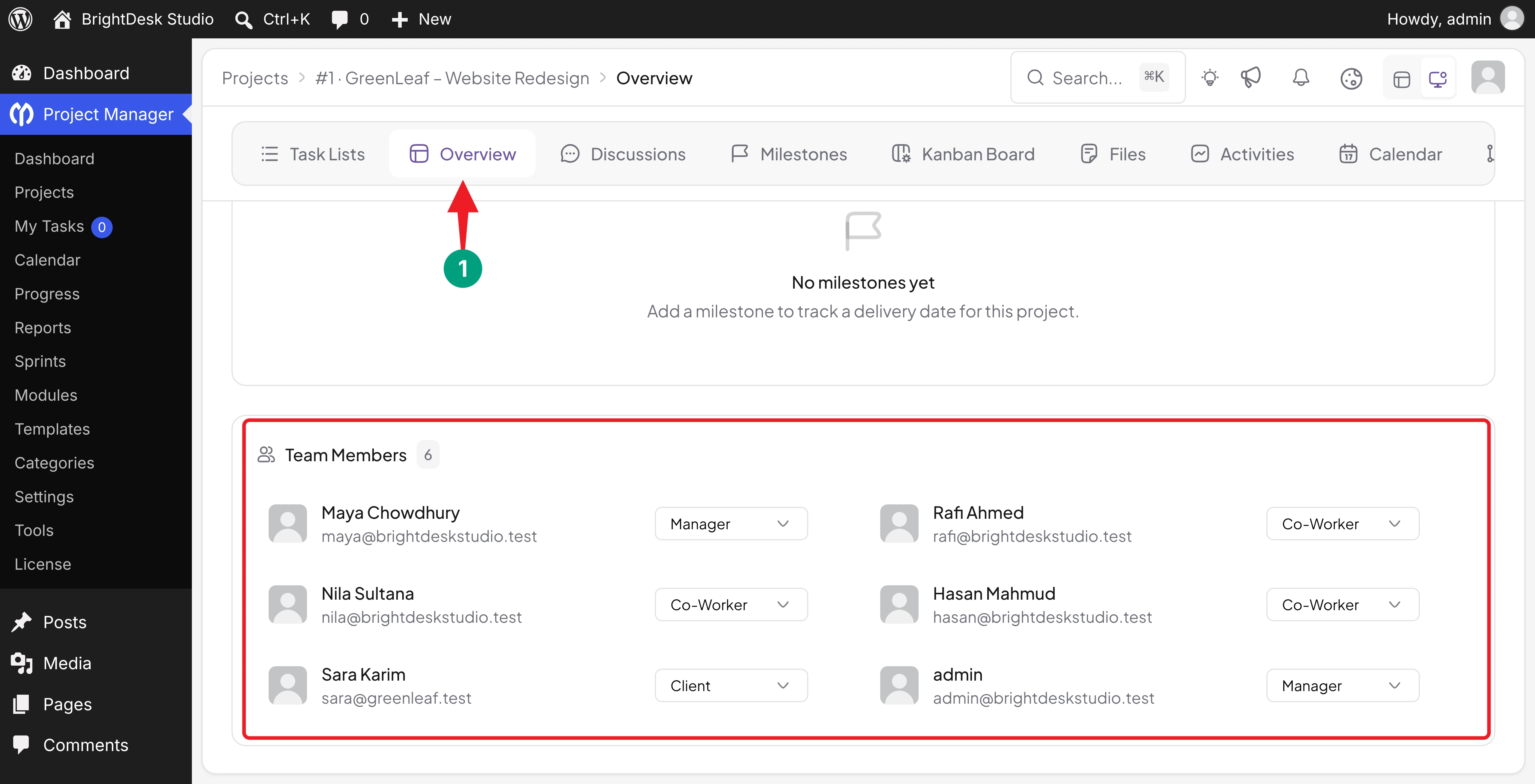Team Members and their roles on the project Overview tab