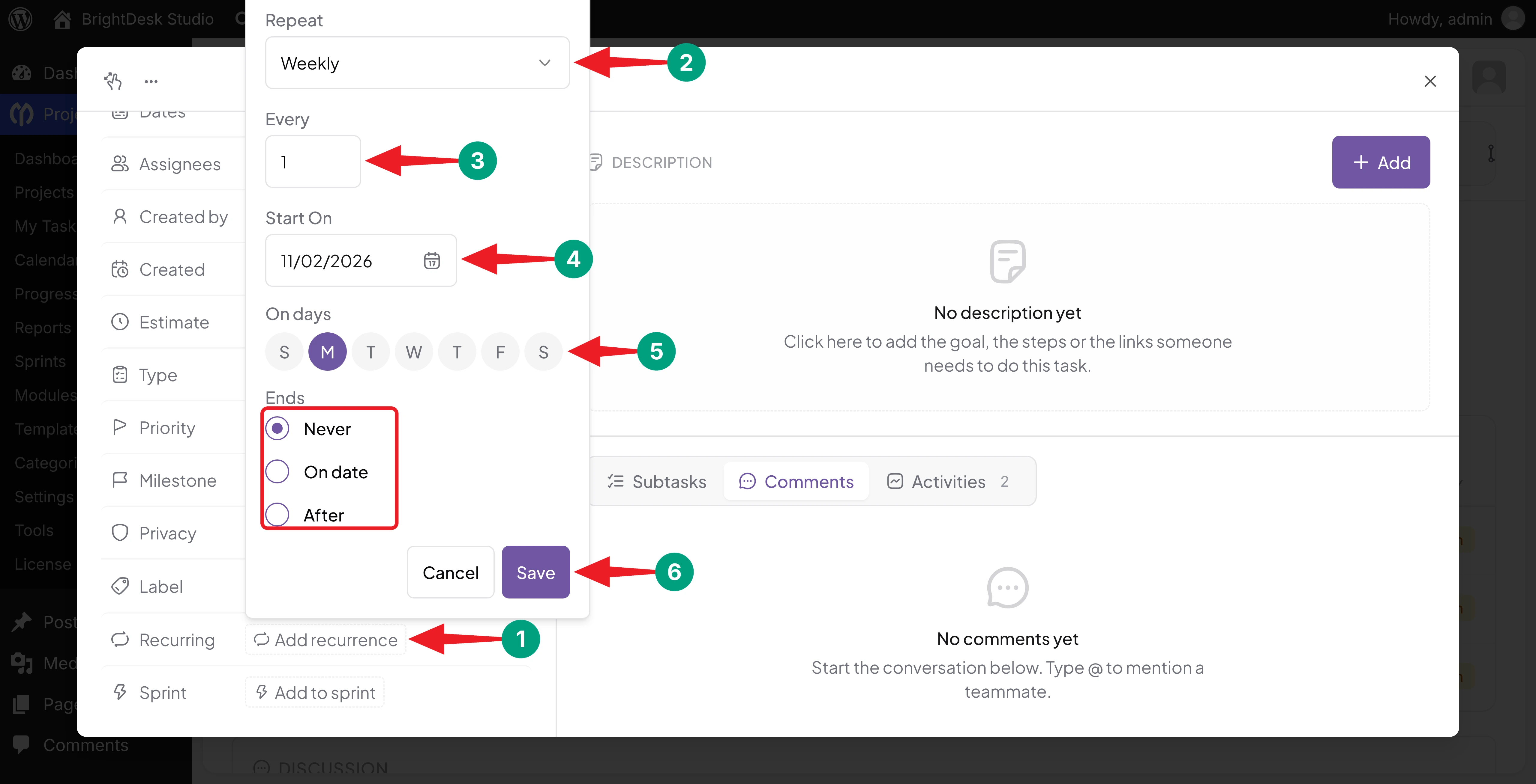 Weekly recurrence settings for a task in WP Project Manager