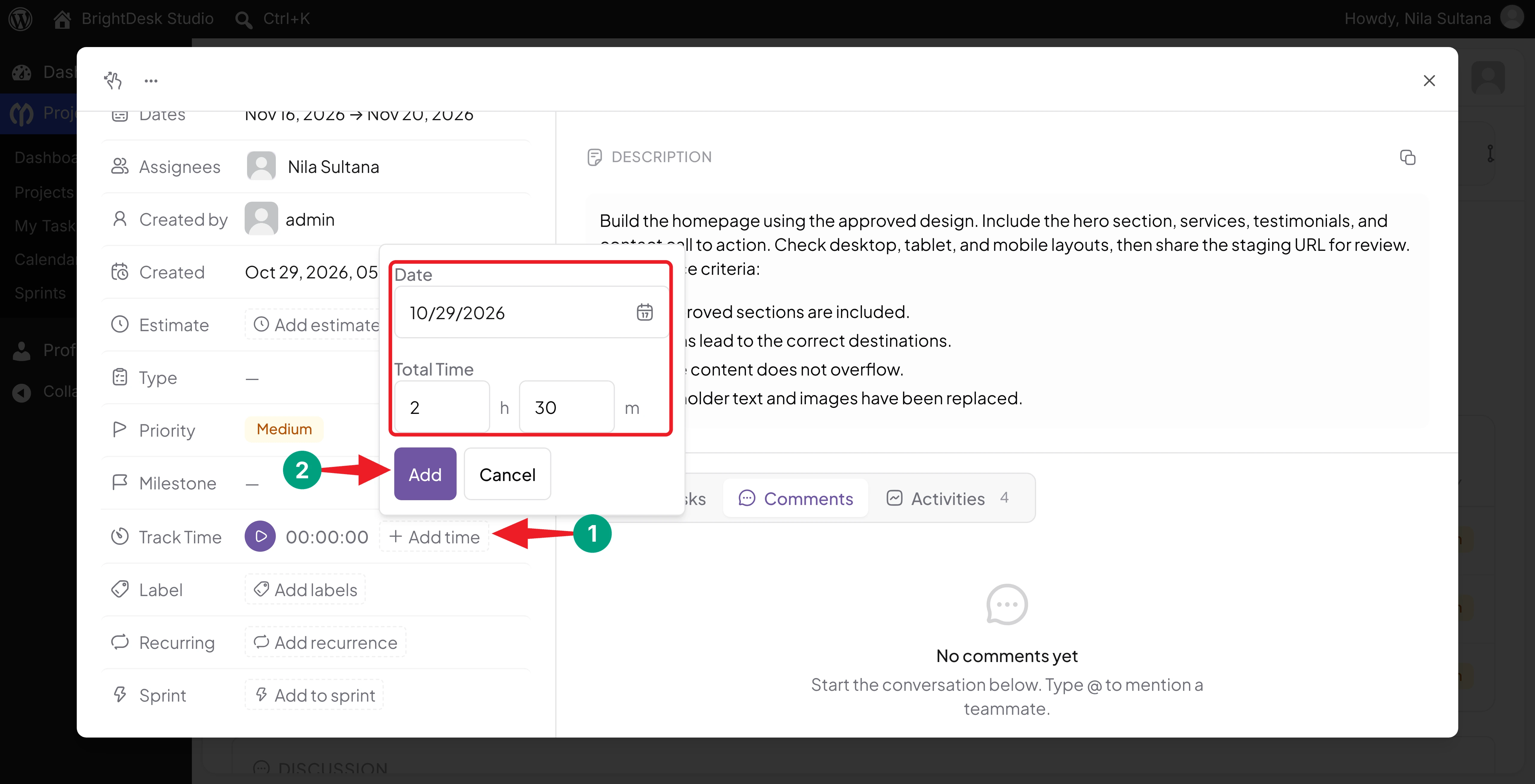 Add time form in the Track Time row of a task
