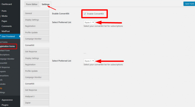 wpuf enable convertkit
