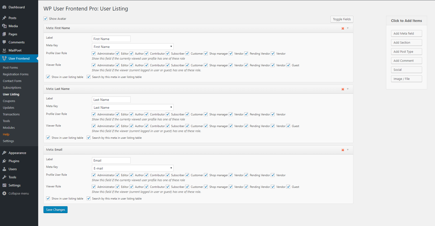 wpuf-user-listing-settings