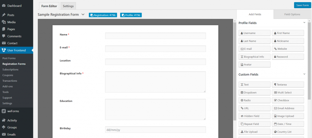 create-wpuf-registration-form-buddypress-profile-fields- WP User Frontend Premium Addons