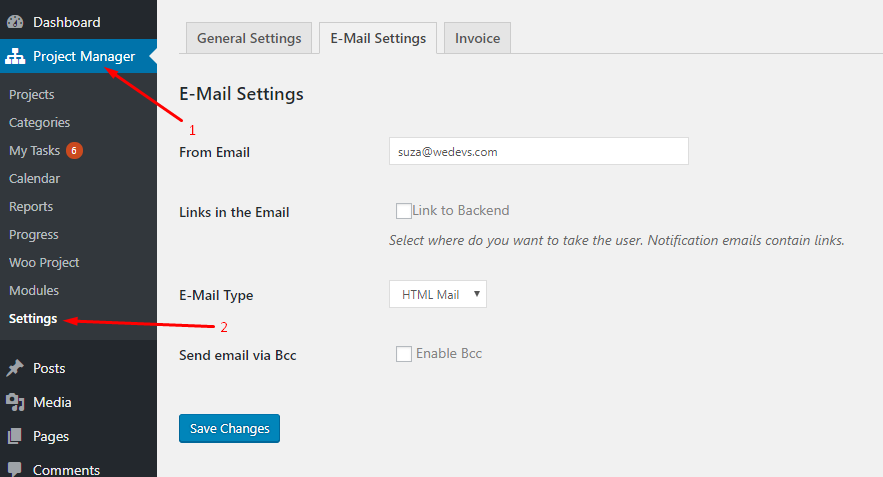 Email settings in WP Project Manager
