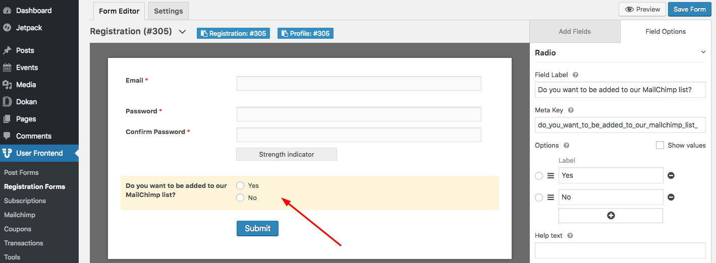 Add users on registration mailchimp subscriber