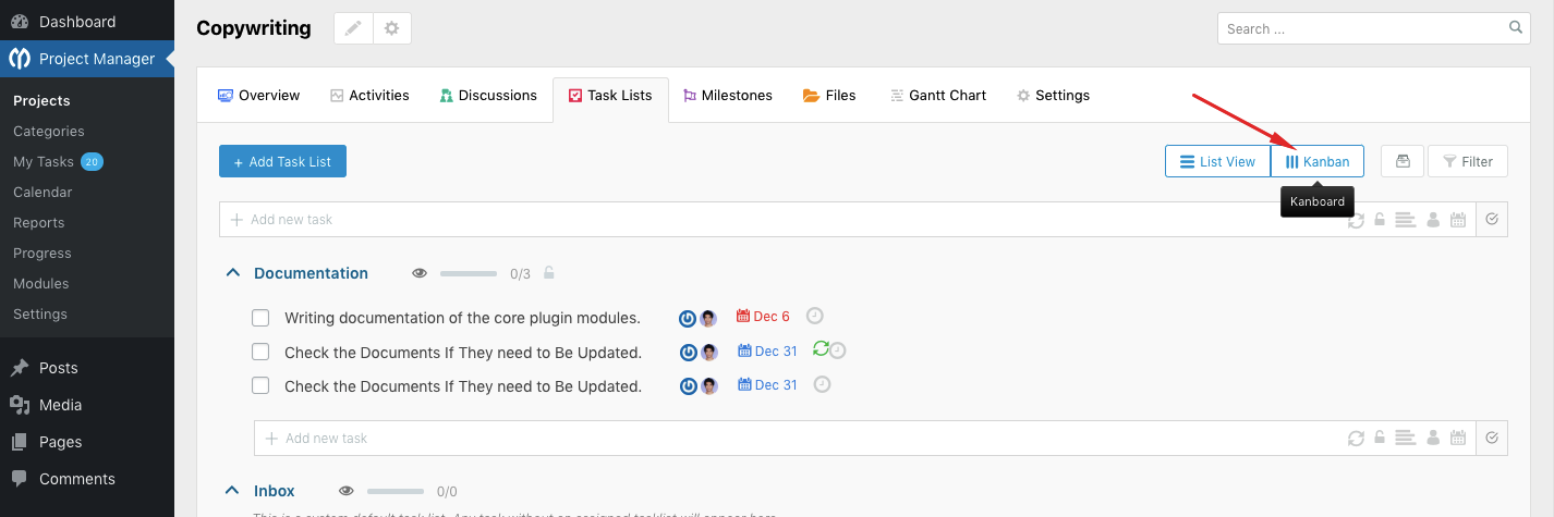 Kanban board dashboard 