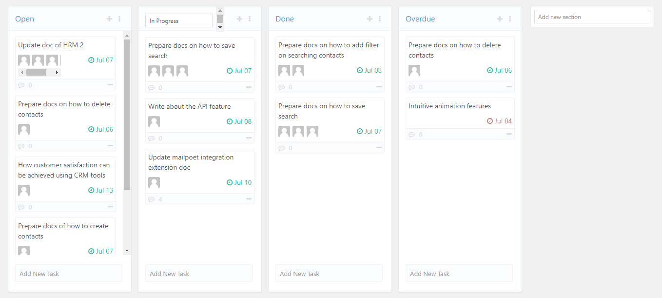 Kanban board Page interface 