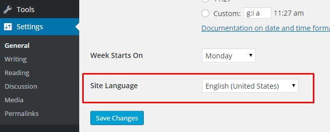 Site Language Changing option in WordPress admin panel