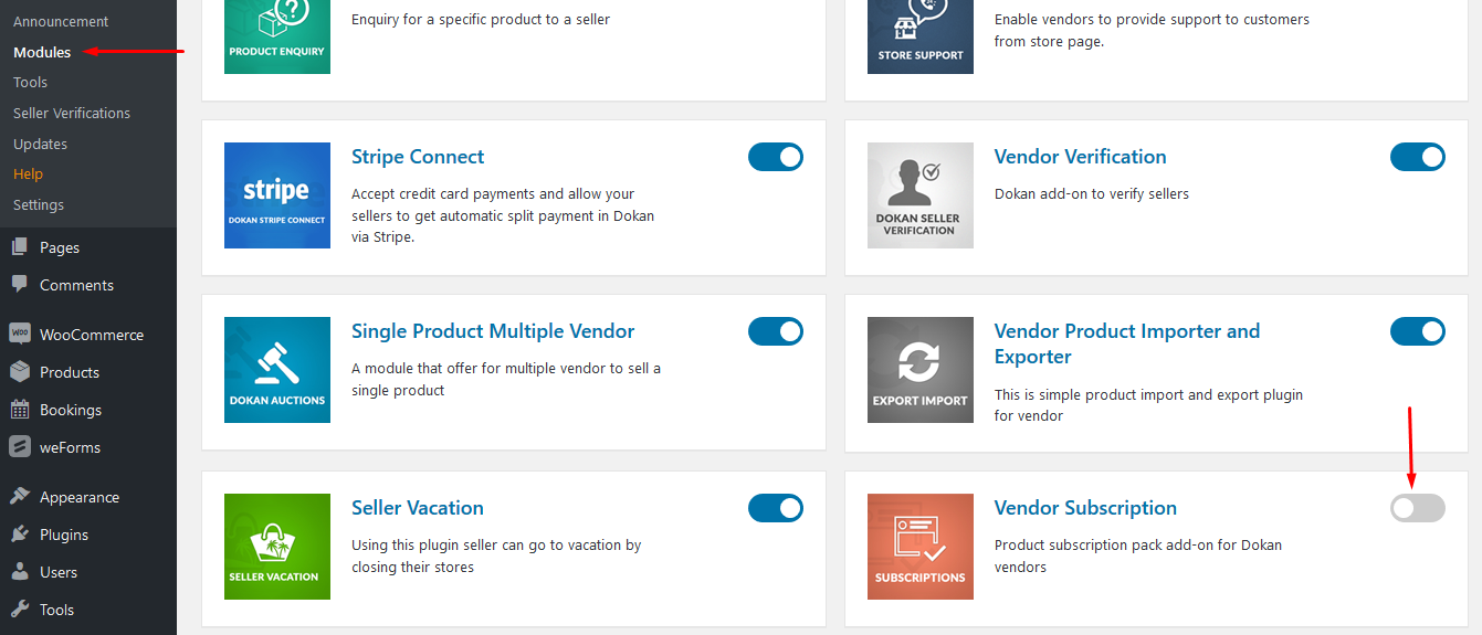 This is the screenshot of wordpress backend of activating the Dokan Manage Subscription Payments