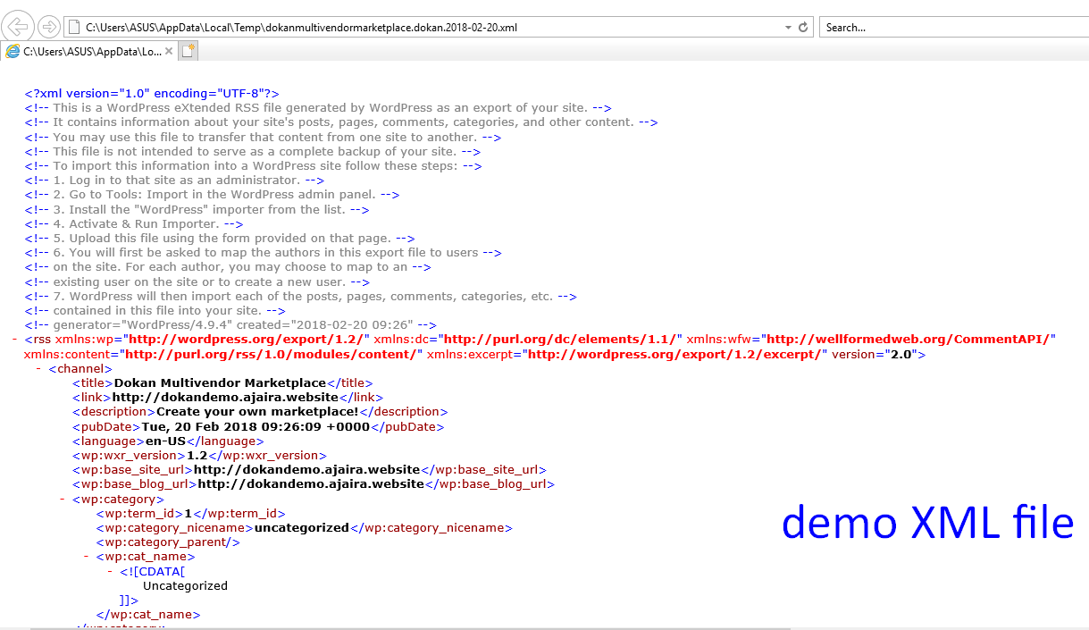 this is a screenshot of demo xml file