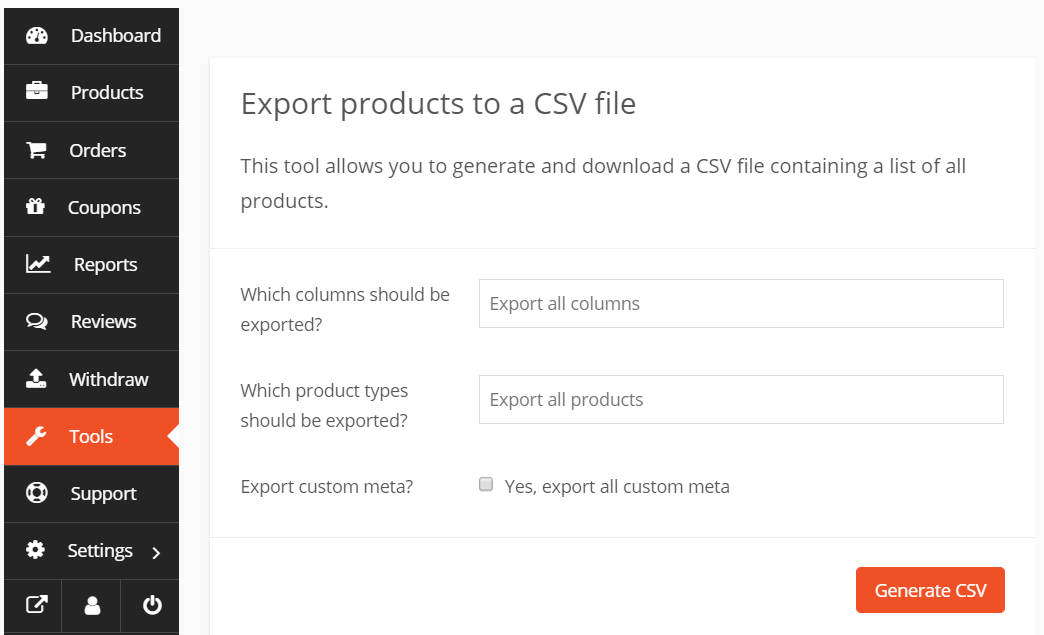 This image shows how to export products as a CSV file