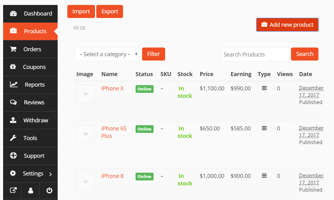 This image shows the Import-Export option of Dokan plugin