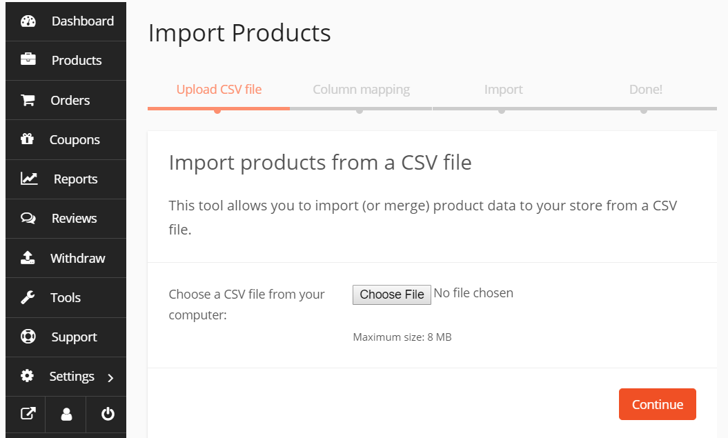 This screenshot shows how to import WooCommerce products as a CSV file