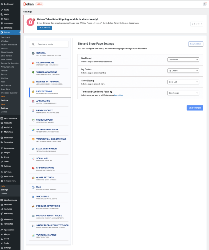 This image shows the Dokan Page Settings