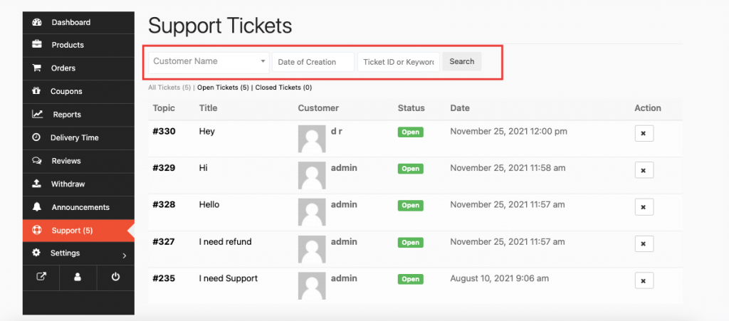 filtering support tickets Dokan 3.4.2