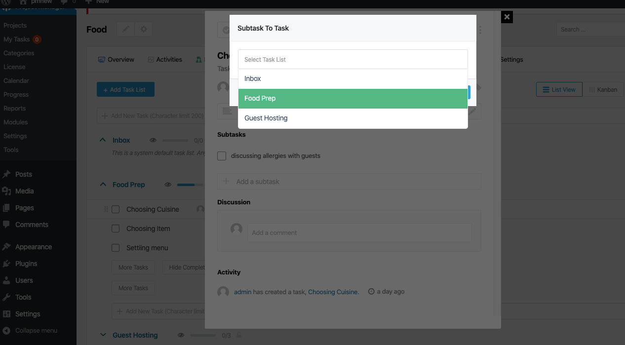 Choose task list to create task