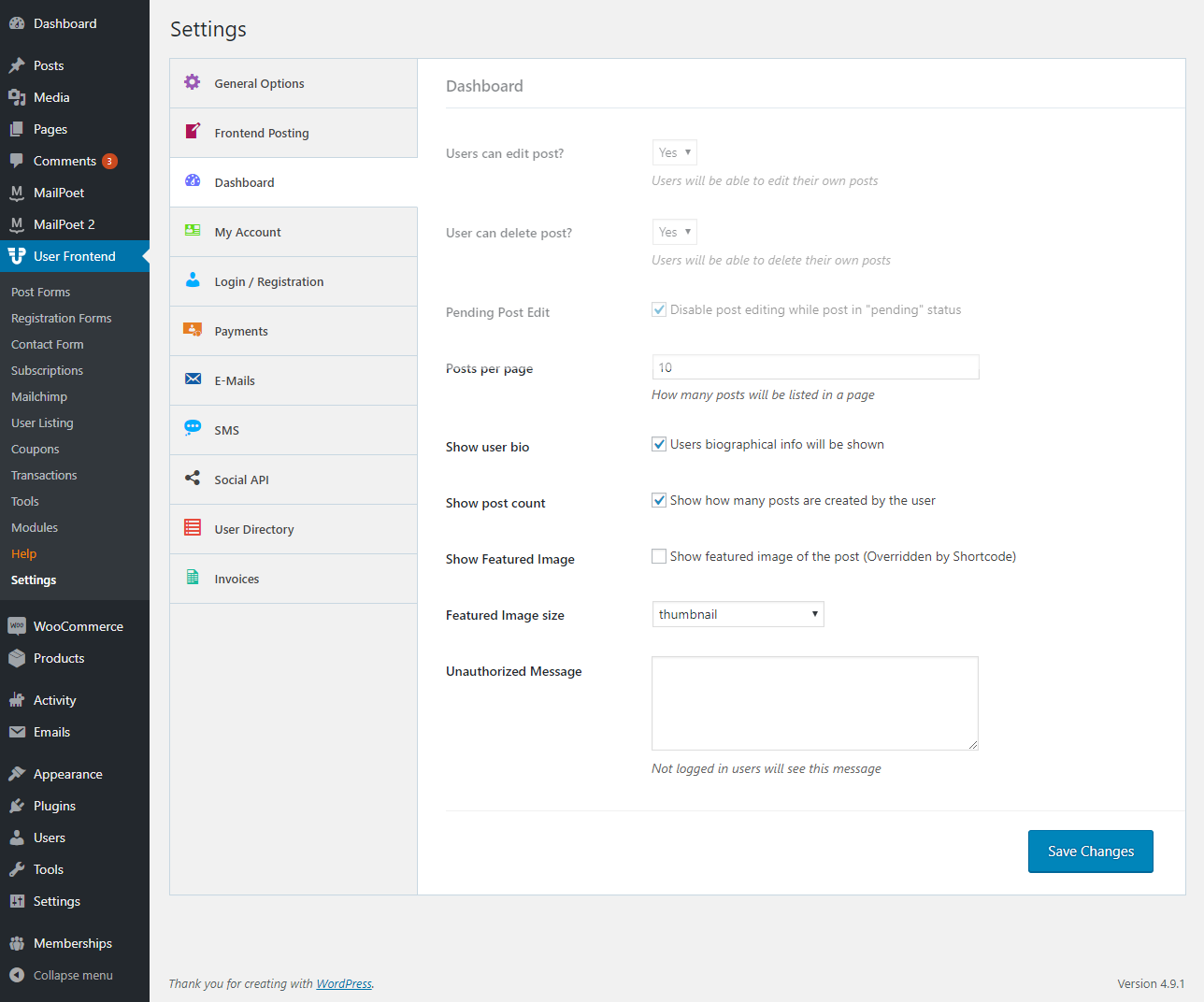 User frontend. Dashboard users. Dashboard settings. Option dashboard. User settings.