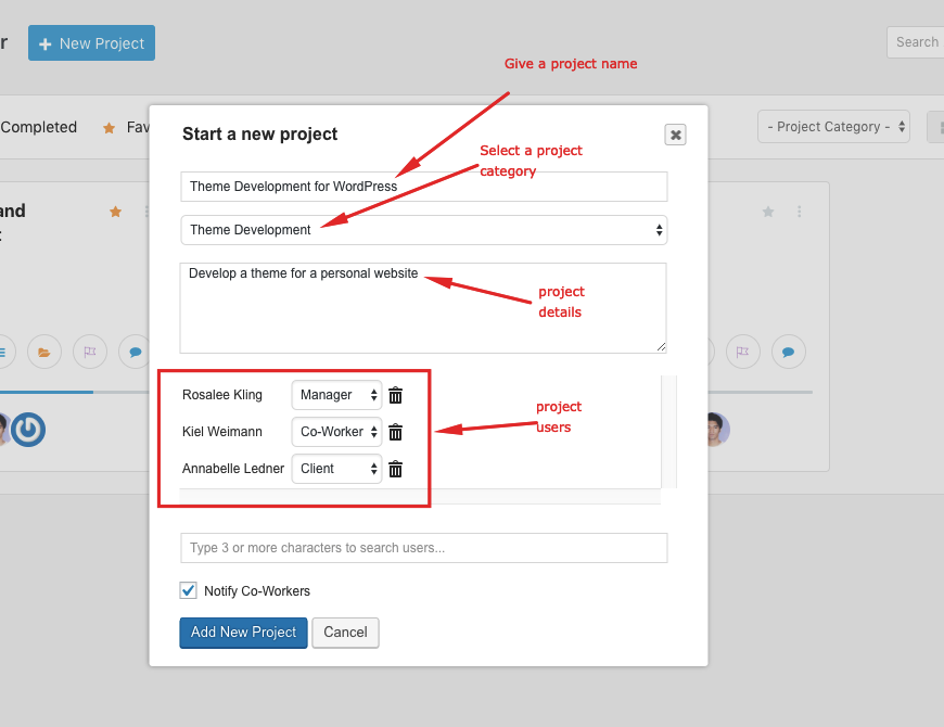 Create new projects in WP Project Manager