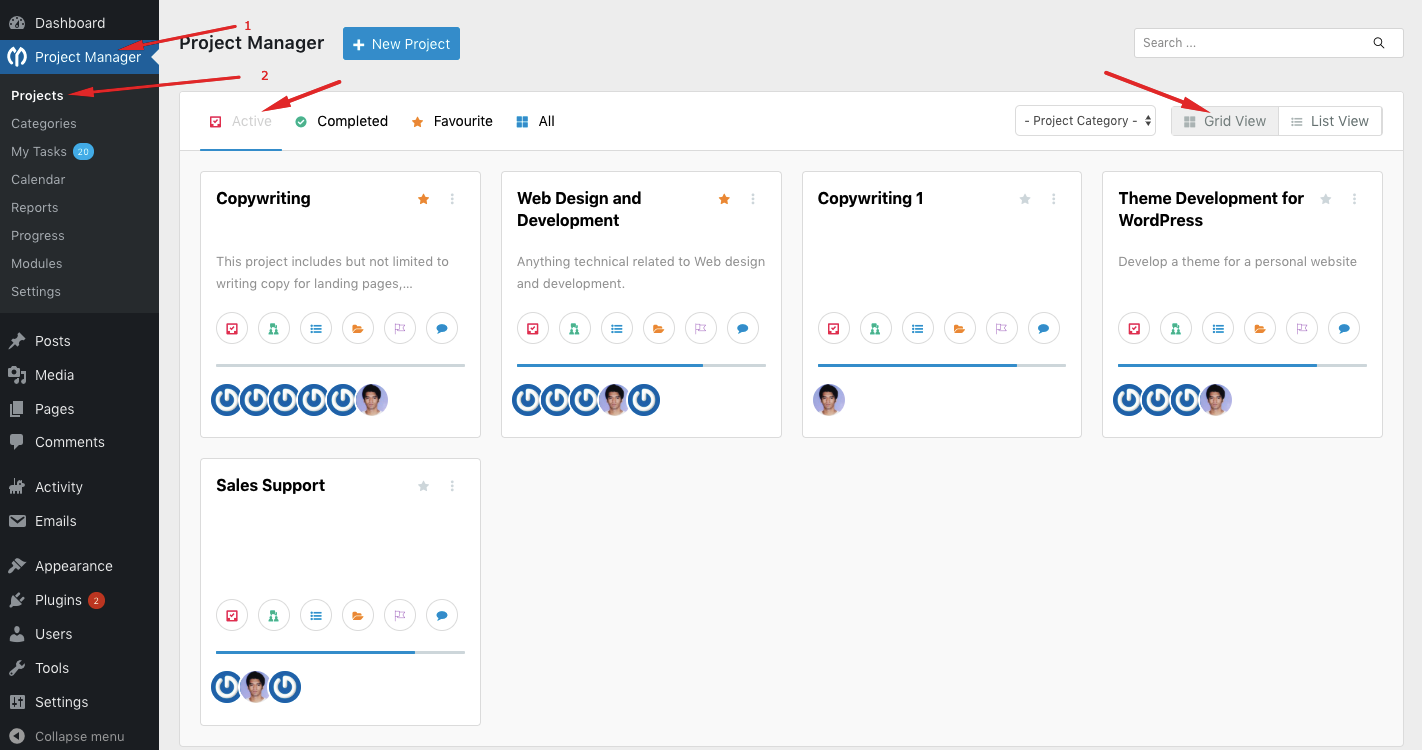 Project dashboard in WP Project Manager