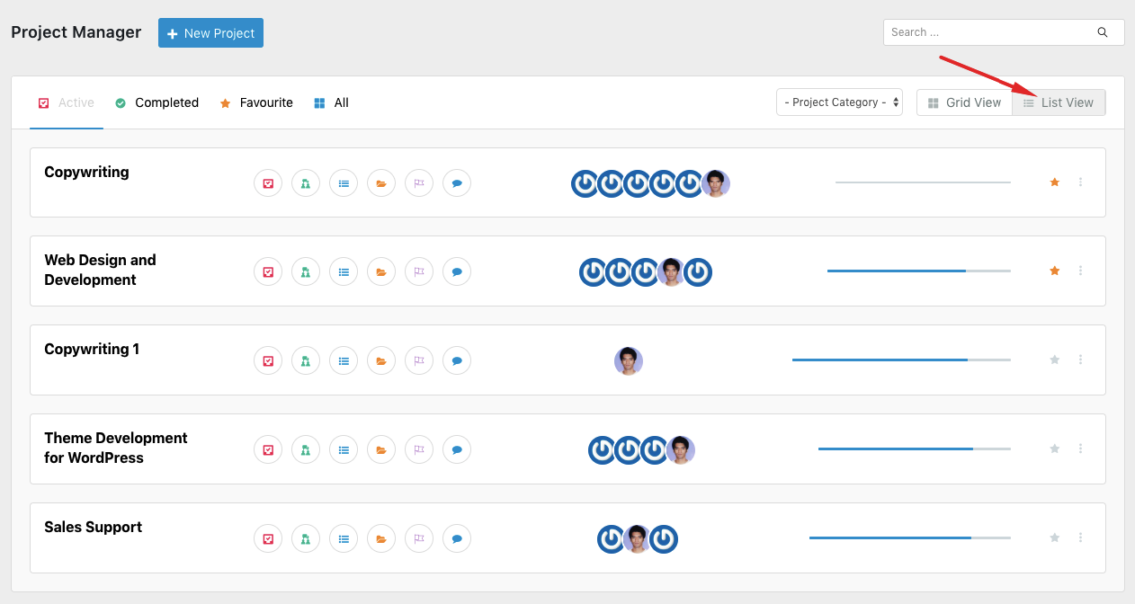 List view of completed projects in WP Project Manager