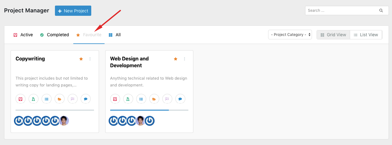 See favourite projects in WP Project Manager