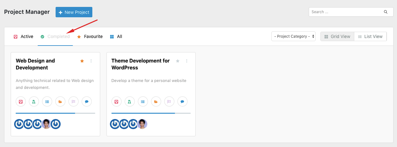 See completed projects in WP Project Manager