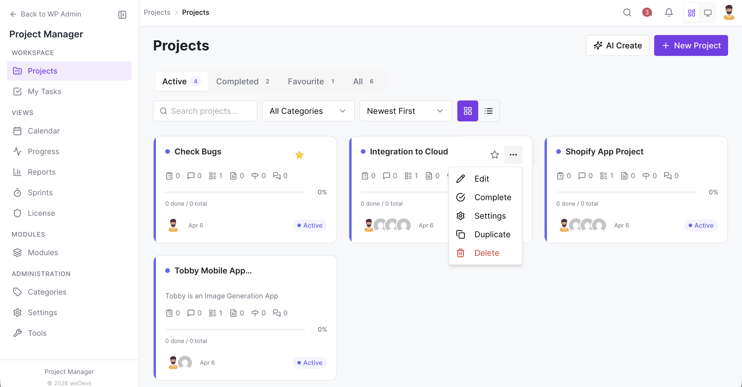 Delete, restore, and duplicate projects in WP Project Manager