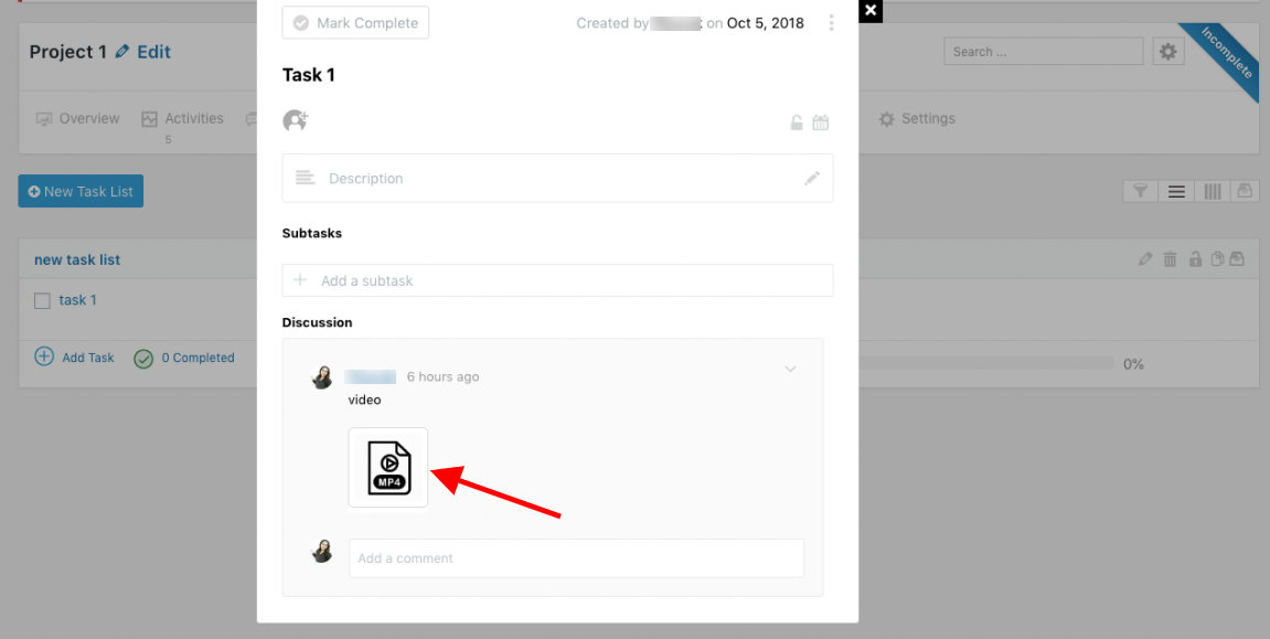 Uploading a video in a task comment-Project Manager files