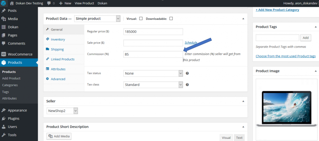 A screenshot of Dokan product based commission