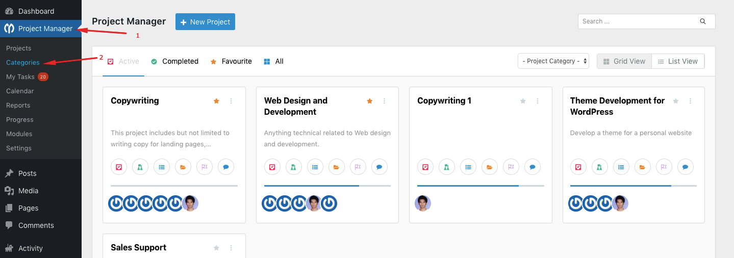 Create categories in WP Project Manager
