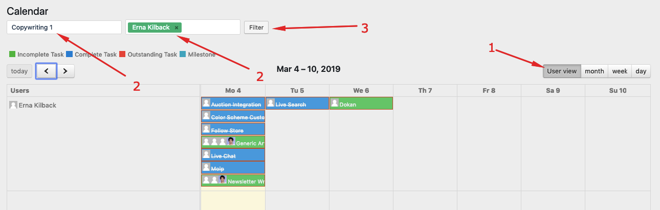 Choose projects and users to filter tasks in WP Project Manager